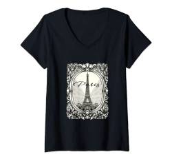 Damen Vintage Retro Paris Frankreich Eiffelturm Outfit Illustration T-Shirt mit V-Ausschnitt von Bahaa's Tee