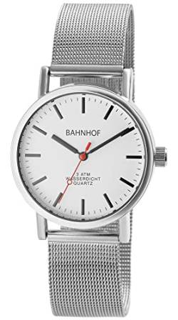 Bahnhof Damen-Uhr Edelstahl Meshband Hakenverschluss Datum Analog Quarz 1300039 von Bahnhof