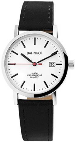 Bahnhof Herren-Uhr schwarz Kunstleder Armbanduhr Länge 23,5cm ⌀35mm mit Datumsanzeige gut ablesbare 3-Zeiger Bahnhofsuhr von Bahnhof
