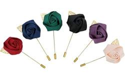 Anstecknadel Brosche Herren,6er Pack Lange Brosche Ansteckblumen Satin Blume Boutonniere Handgemachte Mini Rose Handgefertigt Revers Pin mit Blattgold für Herren Anzug Hochzeit Bräutigam 6 Farben von BaiJ