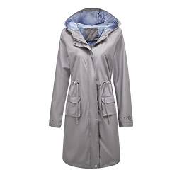 BaiWANG Damen-Regenmantel, langer Trenchcoat, Reißverschluss, langärmelig, mit Kapuze, Windbreaker, lose verlängerte Regenjacke, grau, 50 von BaiWANG