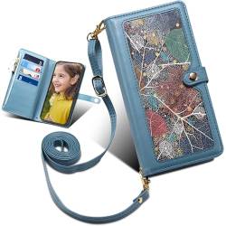 Baifu Brieftasche für iphone15 Plus, Reißverschluss Tasche, Handyhülle und Handschlaufe, Blatt-Muster hülle für iphone15 Plus-Blau von Baifu