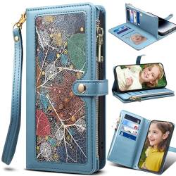 Baifu Handyhülle für iphone14, Blatt-Muster Reißverschluss Tasche, Hülle Brieftasche Handytasche Cover für iphone14-Blau von Baifu