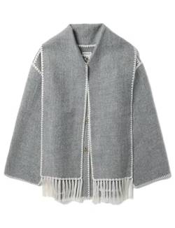 Bailey Xingqi Damen Retro gestickte Single Breasted Tweed Jacke Vielseitige Cape Stil Schal Quaste Wolle Mantel Herbst Winter Verdickte Lose Langarm Mantel （Hellgrau M） von Bailey Xingqi