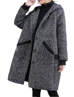 Bailey Xingqi Damen Winter Kapuze Wollmantel Mode Mittellang Große Karierte Langarm Einreihige Freizeitjacke（Grau 5XL） von Bailey Xingqi