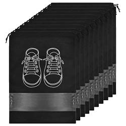 Bailinks 10 Stück große Schwarze Reise-Schuhtasche, tragbarer Schuh-Organizer mit Kordelzug, Vlies-Staubbeutel mit durchsichtigen Schlitzen von Bailinks