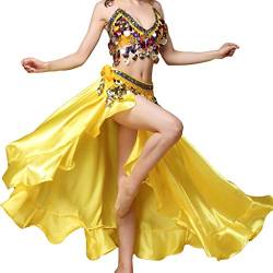Satin-Rüschen, Swing-Röcke, Bauchtanz-Kostüm, Flamenco-Stil, Seitenschlitz, Maxi-Kleid, gelb, Einheitsgröße von Baisdan