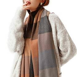 Bakicey Damen Schal XXL Warm Weich Strickschal Karo Winterschal Herbstschal Wolleschal Frauen Deckenschal Halstuch Scarf Poncho Cape (Kamel Schwarz) von Bakicey