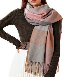 Bakicey Damen Schal XXL Warm Weich Strickschal Karo Winterschal Herbstschal Wolleschal Frauen Deckenschal Halstuch Scarf Poncho Cape (Rosa Grau) von Bakicey