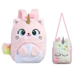 Balakaka 2Pcs Unicorn Cat Backpack Purse Set Plüsch Rucksack Mini Umhängetasche Niedlich Geldbörse Schultasche für 3-8 Jährige,Kawaii Kindergartentasche Geburtstag Freund Kindergartenrucksack von Balakaka