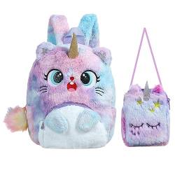 Balakaka 2Pcs Unicorn Cat Backpack Purse Set Plüsch Rucksack für 3-8 Jährige Mädchen Mini Umhängetasche Niedlich Geldbörse Schultasche,Kawaii Kindergartentasche Geburtstag Freund Kindergartenrucksack von Balakaka