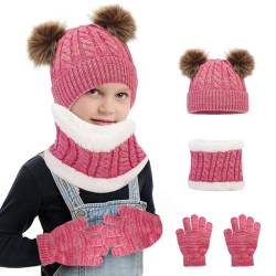 Balakaka 3 in 1 Kinder Wintermütze Schal Handschuhe Mädchen Set,3 Stück Kindermütze Strickmütze Kinder Mütze Schal Set für Kinder 2-8 Jahre,Warme Winter Beanie Hut Handschuhe runder Schal Set,Rosa von Balakaka