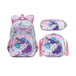 Balakaka Schulrucksack Daypacks für Jungen Mädchen Großer Wasserdichtes Kinderrucksack mit Lunch-Taschen Bleistift, Rucksack für Kinder im Alter von 7 bis 13 Jahren,Rosa Einhorn von Balakaka