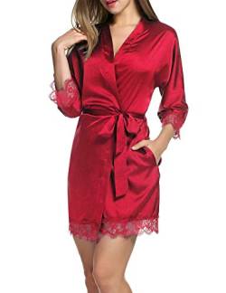 Balancora Damen Morgenmantel Bademantel Satin Sexy Kimono mit Taschen Kurz Robe mit Gürtel Nachthemd für Braut Nachtwäsche Mit Blumenspitze M Rot von Balancora