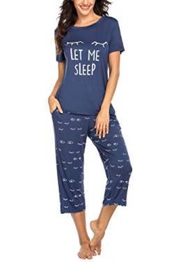 Balancora Damen Schlafanzug Capri Sommer Kurzes Pyjama mit 3/4 Hose lang Sleepshirt S Blau von Balancora