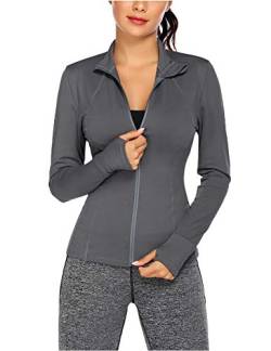 Balancora Sportjacke Damen Laufjacke Lang Sweatjacke mit Reißverschluss Daumenlöcher für Fitness Sport Grau,XXL von Balancora