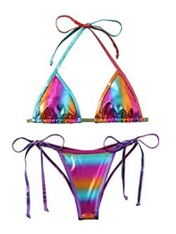 Balasami Damen Liquid Metallic Regenbogen Bikini Sets Glänzend String Gepolstert Dreieck 2 Stück Badeanzug Set, Regenbogen, Large von Balasami