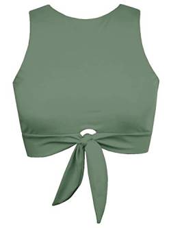 Damen Ausschnitt Krawatte Knoten vorne Scoop High Neck Tank Crop Top Bikini Badeanzug Nur Top, Olivgrün, Medium von Balasami