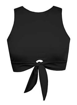 Damen Ausschnitt Krawatte Knoten vorne Scoop High Neck Tank Crop Top Bikini Badeanzug Nur Top, Schwarz, Mittel von Balasami