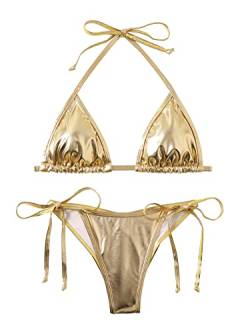 Damen Liquid Metallic Regenbogen Bikini Sets Glänzend String Gepolstert Dreieck 2 Stück Badeanzug Set, Metallic, Gold, XL von Balasami