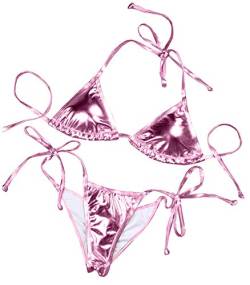 Damen Liquid Metallic Regenbogen Bikini Sets Glänzend String Gepolstert Dreieck 2 Stück Badeanzug Set, Pink, Medium von Balasami