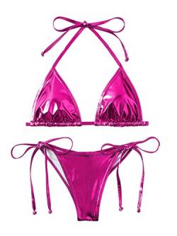 Damen Liquid Metallic Regenbogen Bikini Sets Glänzend String Gepolstert Dreieck 2 Stück Badeanzug Set, Solid Pink, S von Balasami