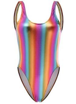 Damen Retro 80er/90er Jahre Metallic Glänzend Gymnastik Rückenfrei Hoher Beinausschnitt Tanzkleidung Bodysuit Einteiler Bademode Badeanzüge, Regenbogen, 2-4 von Balasami