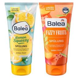 Balea 2er-Set Haarspülung: Conditioner LEMON SQUEEZY sommerlicher Zitronenduft & Pflegeformel mit Buttermilch für Geschmeidigkeit (200 ml) + Spülung FIZZY FRUITS mit Aprikosenkernöl (200 ml), 400 ml von Balea