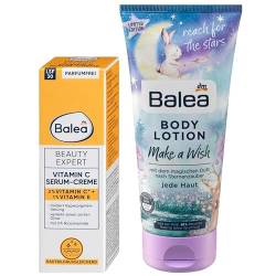 Balea 2er-Set Hautpflege: Beauty Expert VITAMIN C Serum-Creme, LSF 30, UVA-Schutz, mildert Hyperpigmentierung, schenkt strahlenden Glow & Feuchtigkeit (50 ml) + Bodylotion MAKE A WISH (200 ml), 250 ml von Balea