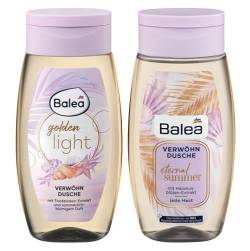 Balea 2er-Set Hautpflege: GOLDEN LIGHT Verwöhndusche mit sommerlich blumigen Duft, respektiert die natürliche Hautbalance (250 ml) + ETERNAL SUMMER Duschgel mit Hibiskusblüten Extrakt (250 ml) 500 ml von Balea