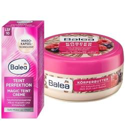 Balea 2er-Set Hautpflege: Gesichtscreme TEINT PERFEKTION MAGIC Creme Soft-Make-up-Effekt für strahlenden Look LSF 10 (50 ml) + Körperbutter KAKAOBUTTER & BEERENDUFT für trockene Haut (200 ml), 250 ml von Balea