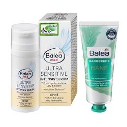 Balea 2er-Set Hautpflege: MED Intensiv Serum ULTRA SENSITIVE für empfindliche Haut mit Hyaluronsäure, Q10, Panthenol, ohne Parfum & Parabene (30 ml) + Handcreme HANF mit Hanfsamenöl (75 ml), 105 ml von Balea