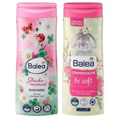 Balea 2er-Set Körperpflege: Duschgel GLÜCKSMOMENT mit blumigem Duft auch für empfindliche Haut (300 ml) + Cremedusche BE SOFT mit Duft von Blüten & Himbeeren (300 ml), 600 ml von Balea