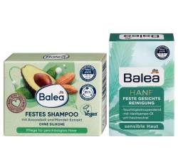 Balea 2er-Set: FESTES SHAMPOO intensive Pflege für geschädigtes Haar mit Avocadoöl & Mandelextrakt (60 g) + FESTE GESICHTSREINIGUNG HANF Seife mit Hanfsamen-Öl für sensible Haut (65 g) 125 g von Balea