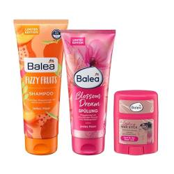 Balea 3er-Set Haarpflege: Shampoo FIZZY FRUITS mit Aprikosen-Extrakt, 250 ml + Spülung BLOSSOM DREAM mit Seidenprotein, 200 ml + WAX STYLING STICK für glatt glänzendes Finish Sleek Look, 25 g (450 ml) von Balea