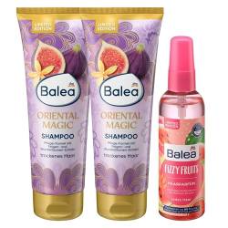 Balea 3er-Set Haarpflege: Shampoo ORIENTAL MAGIC mit orientalischem Duft für unwiderstehliches Haargefühl ohne Silikone (2 x 250 ml) + Haarparfüm FIZZY FRUITS fruchtiges Dufterlebnis (100 ml), 600 ml von Balea