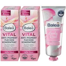 Balea 3er-Set Hautpflege: Konzentrat VITAL ANTI-PIGMENTFLECKEN mit Vitamin-Komplex für reife Haut (2 x 20 ml) + Handcreme LOVELY ROSE Pflege für strahlend schöne Hände mit Rosenwasser (75 ml) 115 ml von Balea