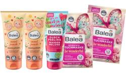 Balea 5er-Set Hautpflege: Bodylotion SWEET PEACH für empfindliche Haut (2 x 200 ml) + Duschpeeling WASSERMELONE natürliche Peelingkörner (200 ml) + Tuchmaske BE WONDERFUL Schmetterling (2 St), 600 ml von Balea