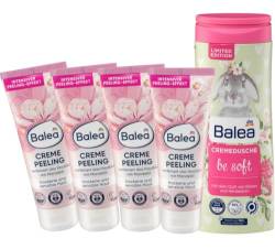 Balea 5er-Set Hautpflege: PEELING CREME verfeinert das Hautbild, mit Mandelöl für trockene & sensible Haut (4 x 75 ml) + Duschgel BE SOFT Cremedusche mit Duft von Blüten & Himbeeren (300 ml), 600 ml von Balea