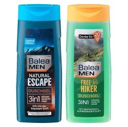Balea MEN 2er-Set Körperpflege: Duschgel NATURAL ESCAPE 3in1 für Gesicht, Körper, Haar mit würzig-frischem Duft (300 ml) + Duschgel FREE HIKER 3in1mit aromatisch-aufregendem Duft (300 ml), 600 ml von Balea