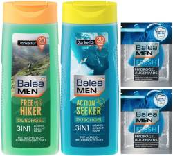 Balea MEN 4er-Set Körperpflege: Duschgel ACTION SEEKER 3in1 für Gesicht, Körper, Haar (300 ml) + Duschgel FREE HIKER 3in1 (300 ml) + Augenpads FRESH HYDROGEL mildern Augenringe, 2 x 2 Stück, (600 ml) von Balea
