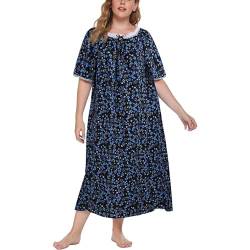 Nachthemden für Frauen Plus Size Kurzarm Nachthemden Damen Oversized House Dress Print Bequeme Nachtwäsche XL-5XL (A-Navy, 4XL) von Balems