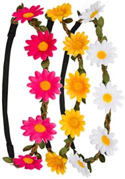 3x Blumen Stirnband Haarband Kopfband Krone mit justierbaren elastischen Band in den Farben weiß, gelb und pink von Balinco