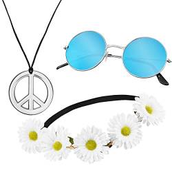 Balinco 3-teilliges Hippie Set mit Blumen Stirnband | Peace Zeichen Kette | runde Nickel Sonnenbrille mit blauen Gläsern von Balinco