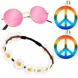 Balinco 3-teilliges Hippie Set mit Blumen Stirnband | runde Nickel Sonnenbrille mit rosa Gläsern | Regenbogen Peace Ohrringe von Balinco