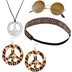 Balinco 4-teilliges Hippie Set mit Indianer Stirnband | runde Nickel Sonnenbrille mit braunen Gläsern | Peace Kette Silber | Peace Ohrringe von Balinco