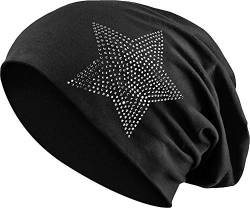 Jersey Baumwolle elastisches Long Slouch Beanie Unisex Herren Damen mit Strass Stern Steinen Mütze Heather in 35 (2) (Black) von Balinco