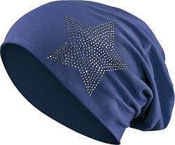 Jersey Baumwolle elastisches Long Slouch Beanie Unisex Herren Damen mit Strass Stern Steinen Mütze Heather in 35 (2) (Dark Blue) von Balinco