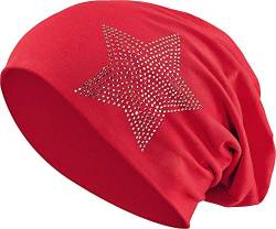 Jersey Baumwolle elastisches Long Slouch Beanie Unisex Herren Damen mit Strass Stern Steinen Mütze Heather in 35 (2) (Dark Red) von Balinco
