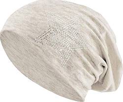 Jersey Baumwolle elastisches Long Slouch Beanie Unisex Herren Damen mit Strass Stern Steinen Mütze Heather in 35 (2) (Heather Beige) von Balinco